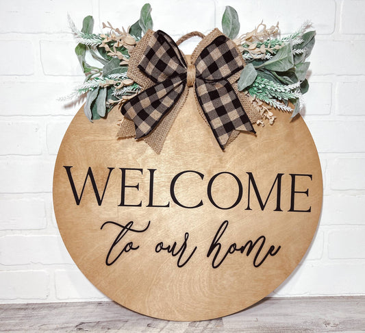 B-Cozy Home Decor - Welcome to our Home Door Hanger, Spring Sign, Door Sign: Black/Tan Plaid Ribbon B-Cozy Home Decor