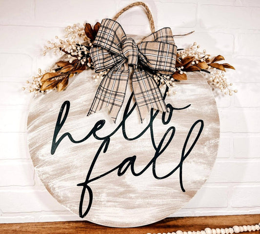 B-Cozy Home Decor - Hello Fall Door Hanger, Fall Wreath, Fall Door Decor, Hi: Brown Plaid B-Cozy Home Decor